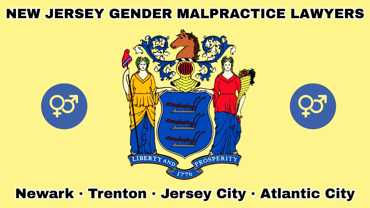NEW JERSEY GENDER MALPRACTICE LAWYERS: Newark, Trenton, Jersey City, and Atlantic City text on NJ state flag with male-female symbols two circles with an arrow and cross.