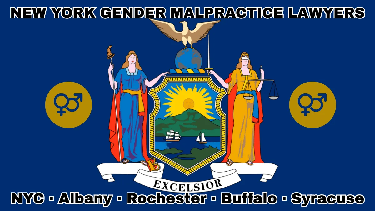 NEW YORK GENDER MALPRACTICE LAWYERS: NYC, Albany, Rochester, Buffalo, and Syracuse text on NY state flag with male-female symbols two circles with an arrow and cross.